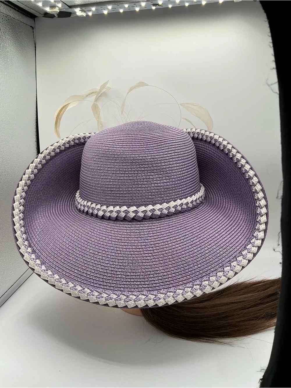 Lavender Decorative Women's Straw Hat with Feather Trim
